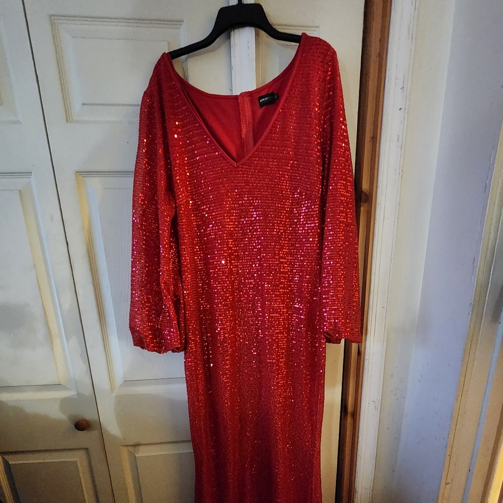 V neck sequin hubble bubble sleeve red maxi dress